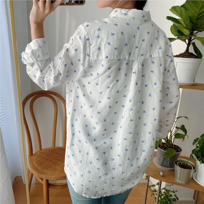 Johnature Damen Tops Shirts Sommer Umlegekragen Vintage Casual Print Umlegekragen Locker All Match Einfache Tops