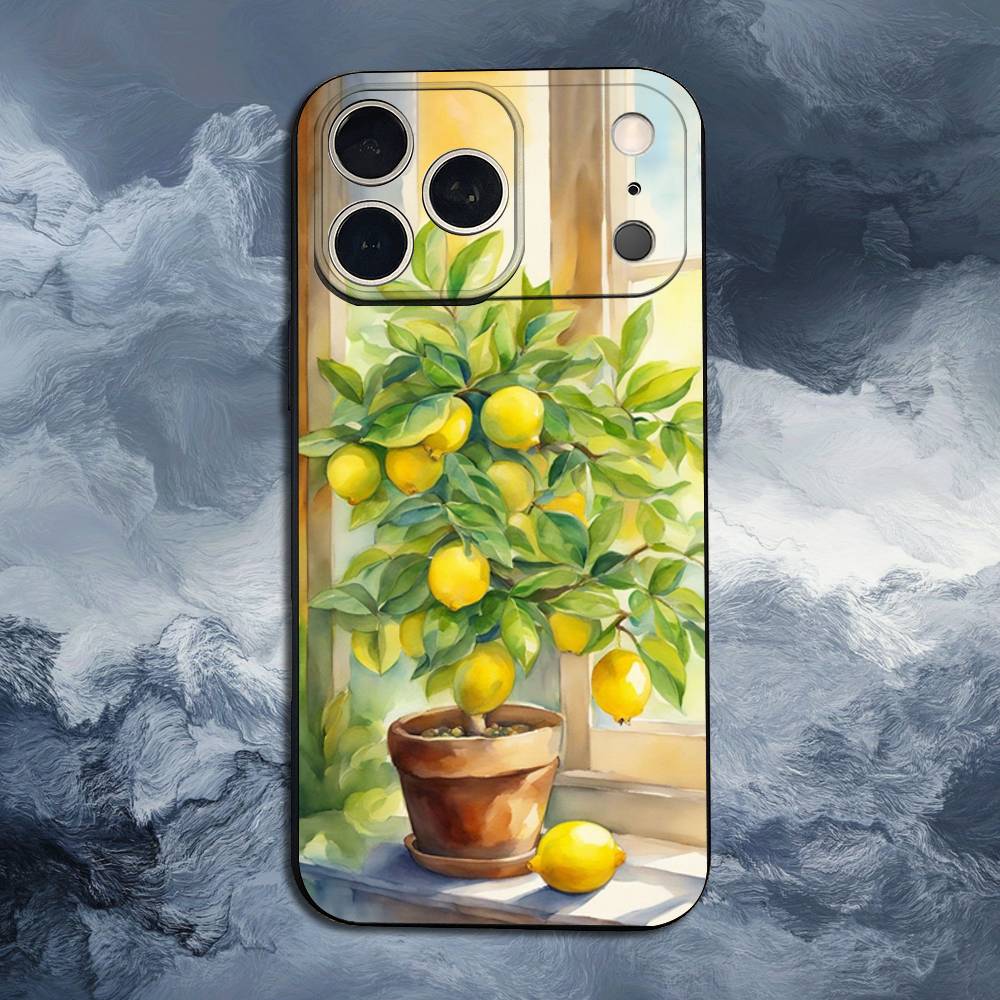 Fruit lemon Painting For iPhone 8,7,11,12,15,14,13,16,17,Plus,Pro Max,XS,X,XR,SE,Mini,Soft Silicone Black Case