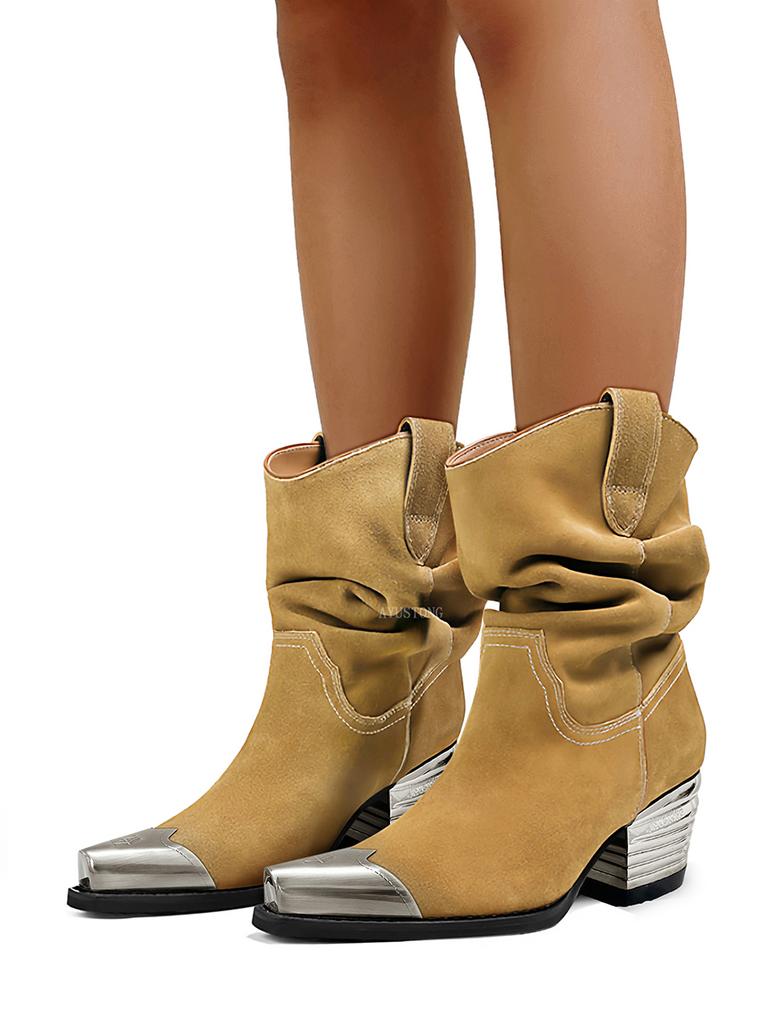 Pointed Pleated Thick Heel Western Boots 2025 Autumn New Elegant Women's Party Short Boots Street Casual Chelsea Boots