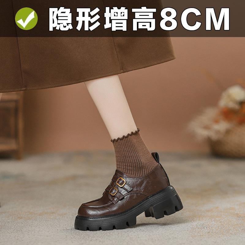 2025 spring new inner height increase 8cm double-breasted buckle thick heel platform loafer single shoes women's small leather shoes women's