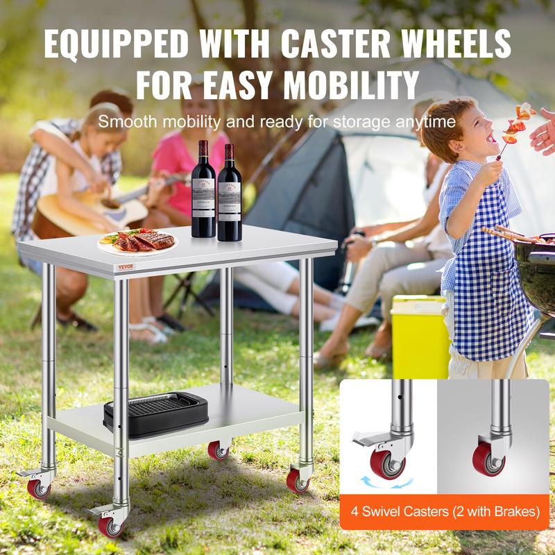 SucceBuy Stainless Steel Kitchen Worktable shelves Commercial Work Bench Table with Caster Wheels for Home Restaurant Storage