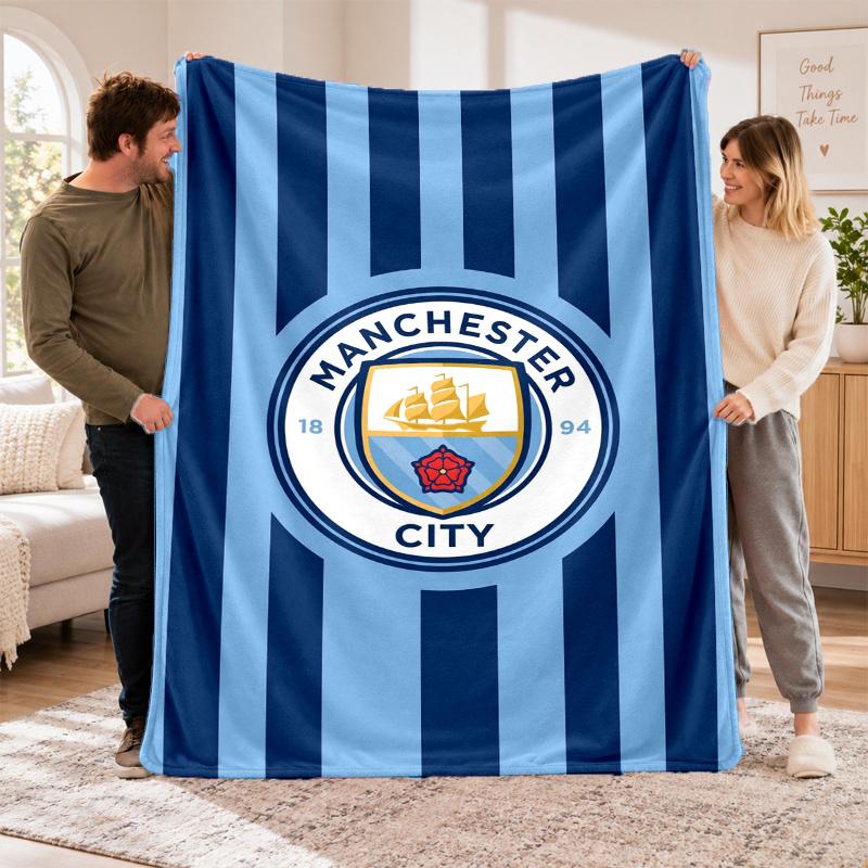Flannel Fleece Blanket with Manchester City Design, Soft Lightweight Throw for Bed Sofa Travel