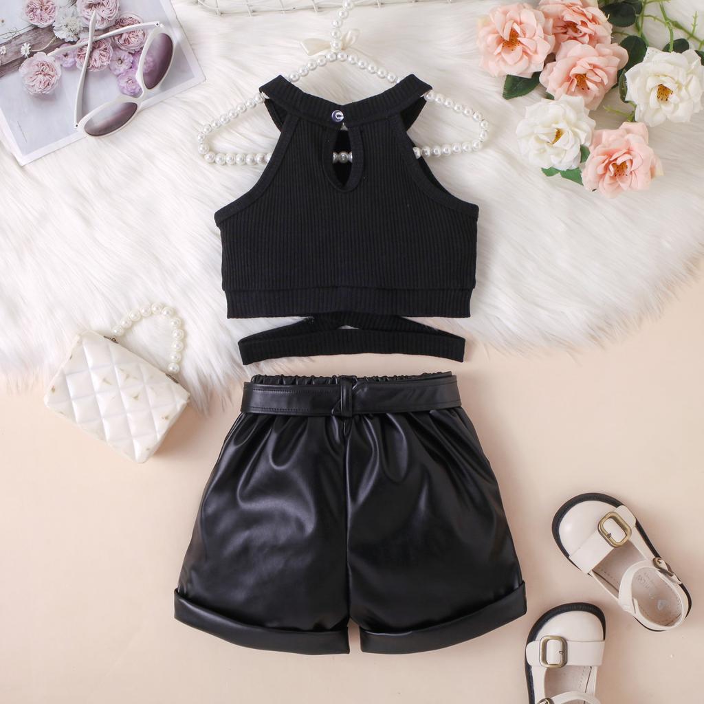 Κοριτσίστικο Σετ Μόδας Καλοκαιρινό Παιδικό Καθημερινό Αμάνικο Τοπ με Λαιμό Χάλτερ PU Δερμάτινο Σορτς Ζώνη Σετ Τριών Τεμαχίων