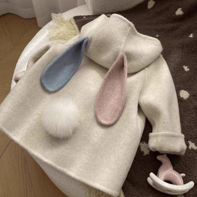 Girls' Woolen Coat with Rabbit Ears, Fleece-Lined Cotton, Faux Fur - New Autumn/Winter 2025 Style