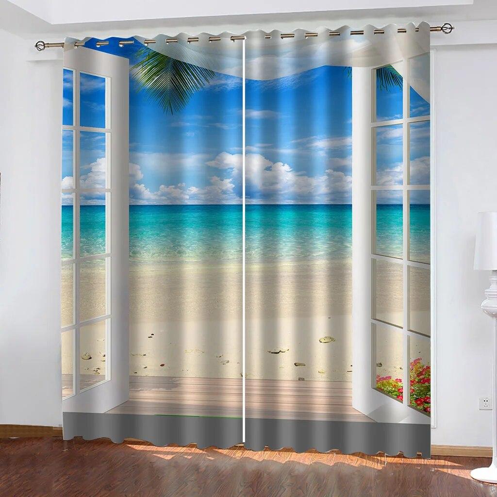 3D Digital Print Gardinmönster Strandlandskap Gardiner För Vardagsrummet Sovrum Heminredning För Gardinträd Blå himmel