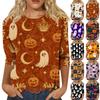 Womens Casual Halloween Print Pullover Shirt Three Quarter Sleeve Round Neck Top Lightweight Comfortable Fabric