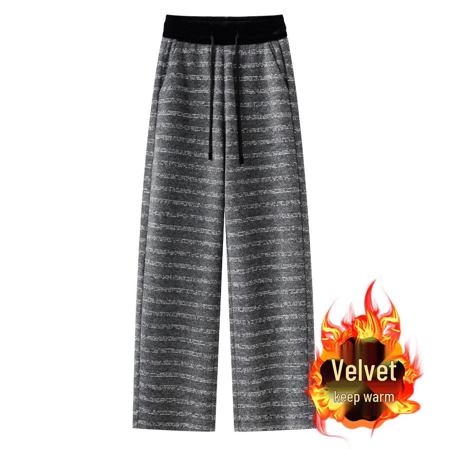 2025 Winter Velvet Striped Wide-Leg Women s High Waist Floor-Length Pants 4XL