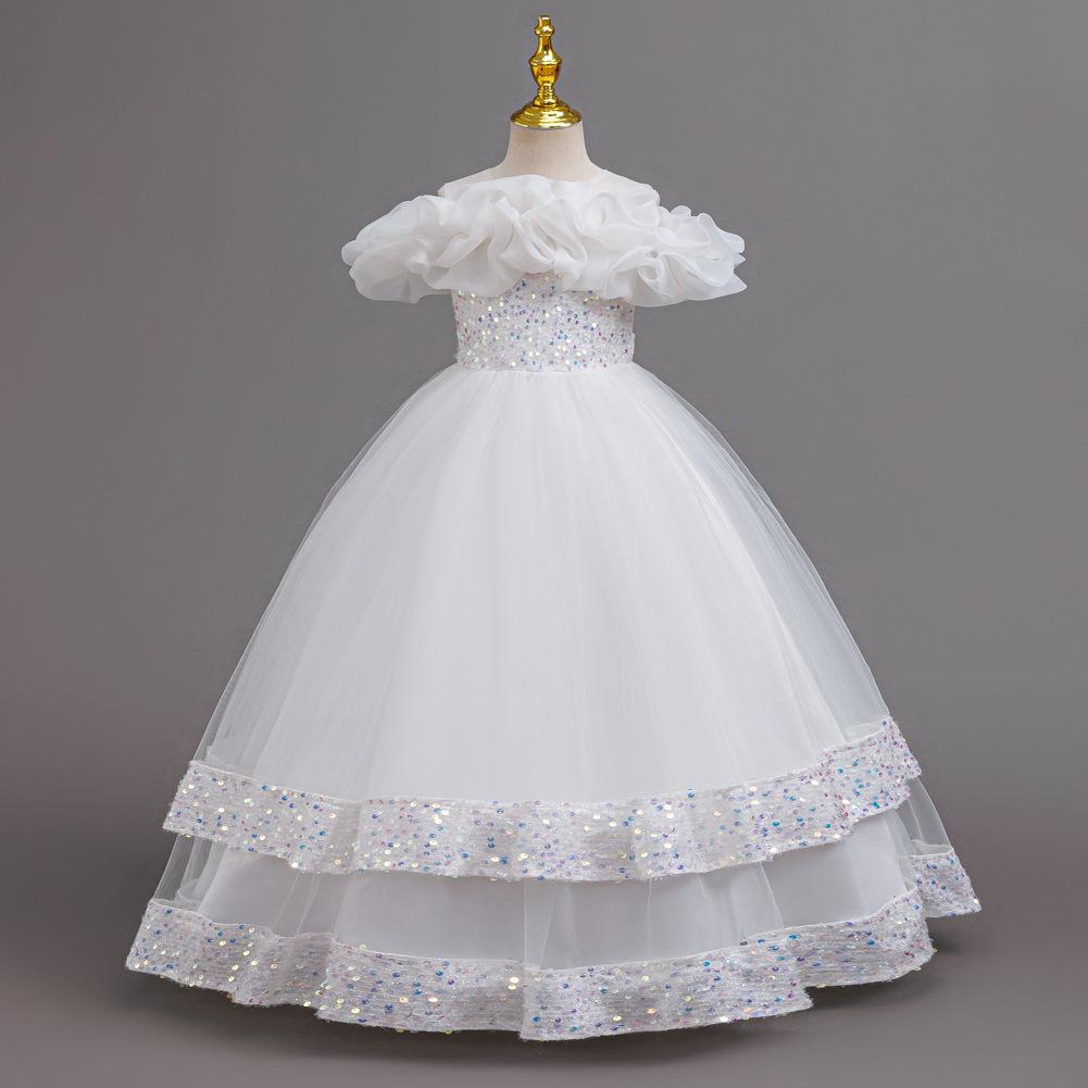 Girls  Princess-Style Sequined Tiered Ball Gown: Fashionable Long-Sleeve Sequined Formal Dress for Kids 120cm