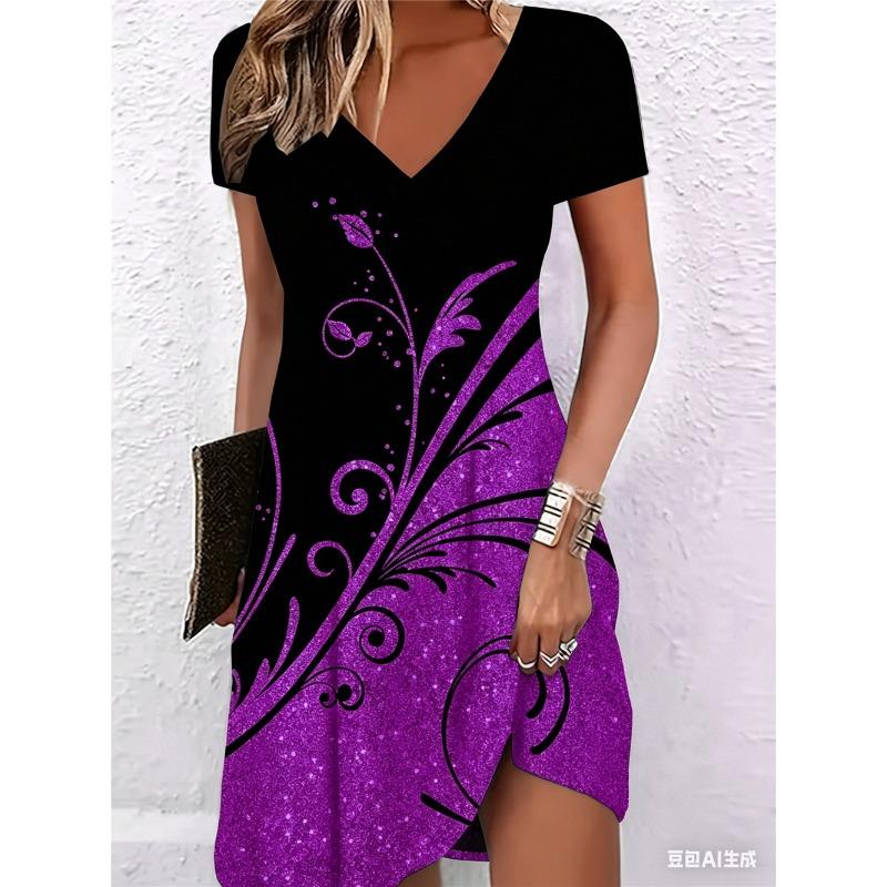 Elegant Women Floral Mini Dresses Summer Short Sleeve V-Neck Street 3D Flower Printed Ladies Dress 3XL Plus Size Casual Dress