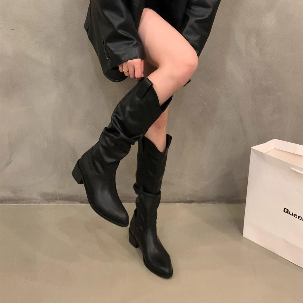 Vintage brown V-mouth pile of mid-top boots women's shoes 2025 spring/autumn winter pointed toe western denim boots