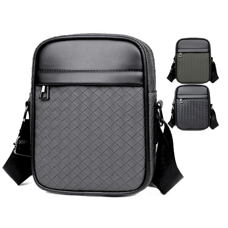WEIXIER Men's Crossbody Bags Fashion, Casual Woven PU Leather Shoulder Bag for Business, Vertical Sling Bag for Men