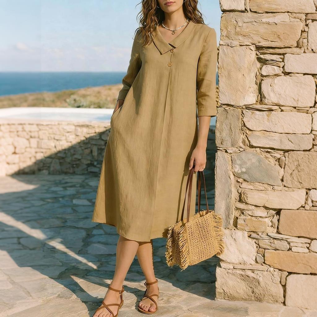 Women Style Lapel Collar Midi Dress Linen Three Quarter Sleeve A Line Vacation Dress with Pockets