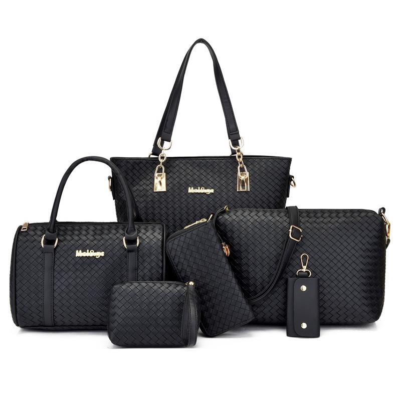 New mother and child women's bags solid color PU six-piece set woven large-capacity simple portable shoulder bag crossbody fashion
