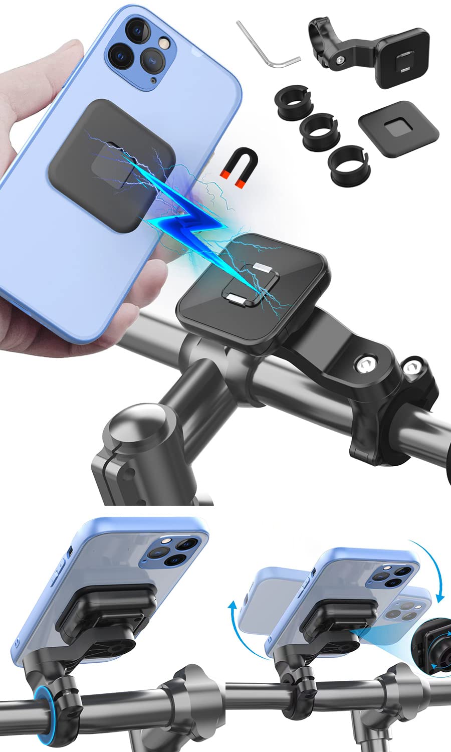 

GOROPRI Держатель для смартфона для велосипеда для шоссейного велосипеда Мощный магнитный Суперлегкое крепление и Совместимый со всеми Универсальный Крепится к рулю или чёрный