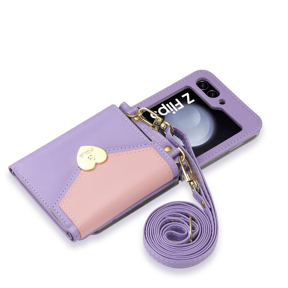 For Galaxy Z Flip 6 Case Dual Color Love Heart Crossbody Wallet Cards Slot Case For Samsung Galazy Z Flip 5 Flip 6 4 3 Cover