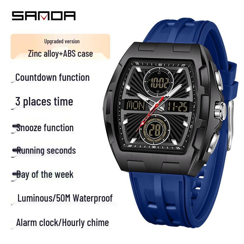 SANDA Men's Steel Band Dual Display Watch with Multi-Time Zone, Night Glow, and Waterproof Features