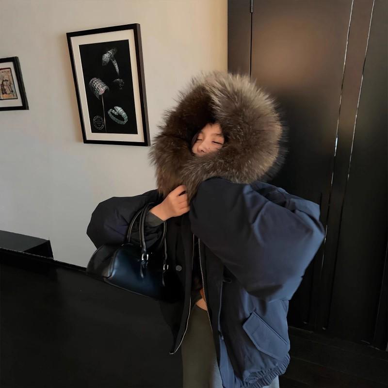 Womens Oversized Hooded Cotton Coat With Faux Fur Collar Button Front Loose Fit Winter Warm Jacket
