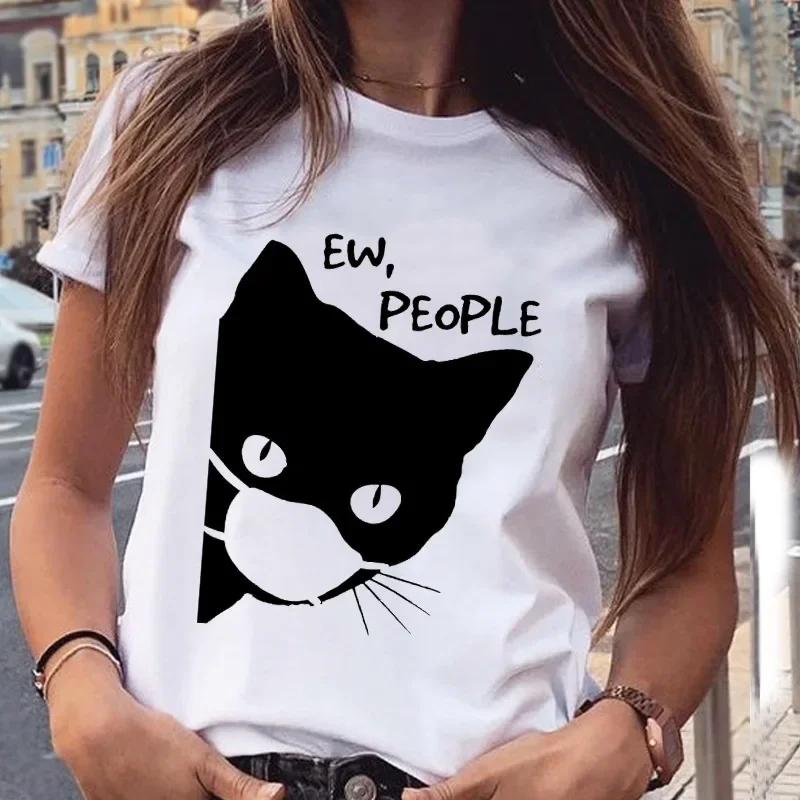 Cute Cat Animal Print T-shirt Round Neck Women's Blouse Fashion Women's Graphic Harajuku Aesthetics