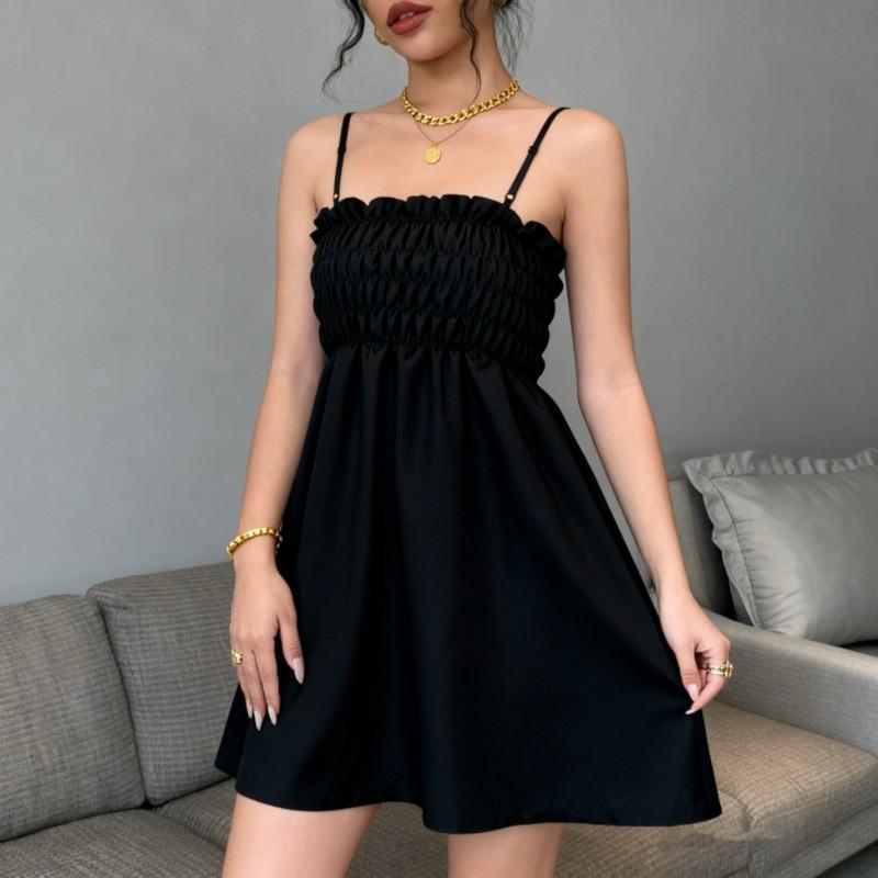 Vintage French Elegant Polyester Slip Dress With Ruffle Detailing For Women