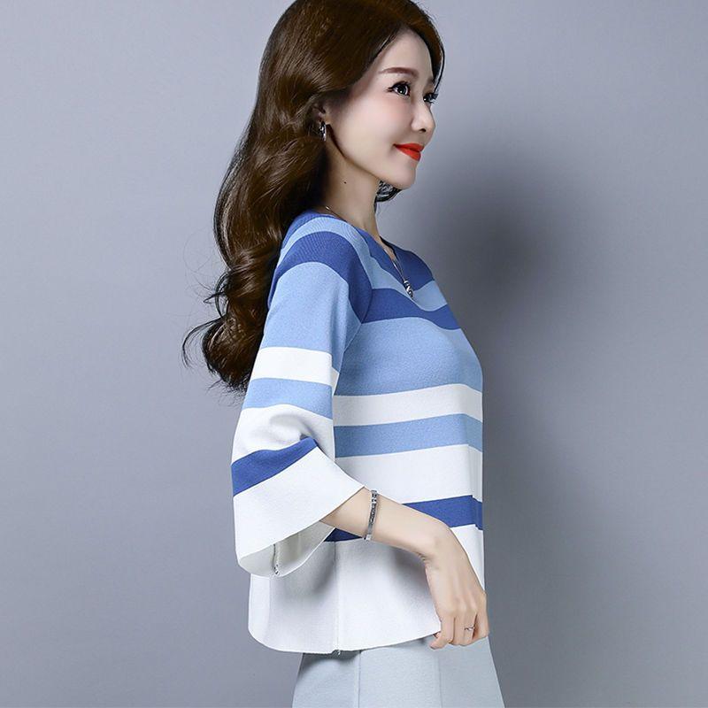 

Летняя трикотажная футболка Ice Silk для женщин, свободный рукав семь четвертей, контрастные полосы, расклешенный рукав, тонкий топ 2XL синий