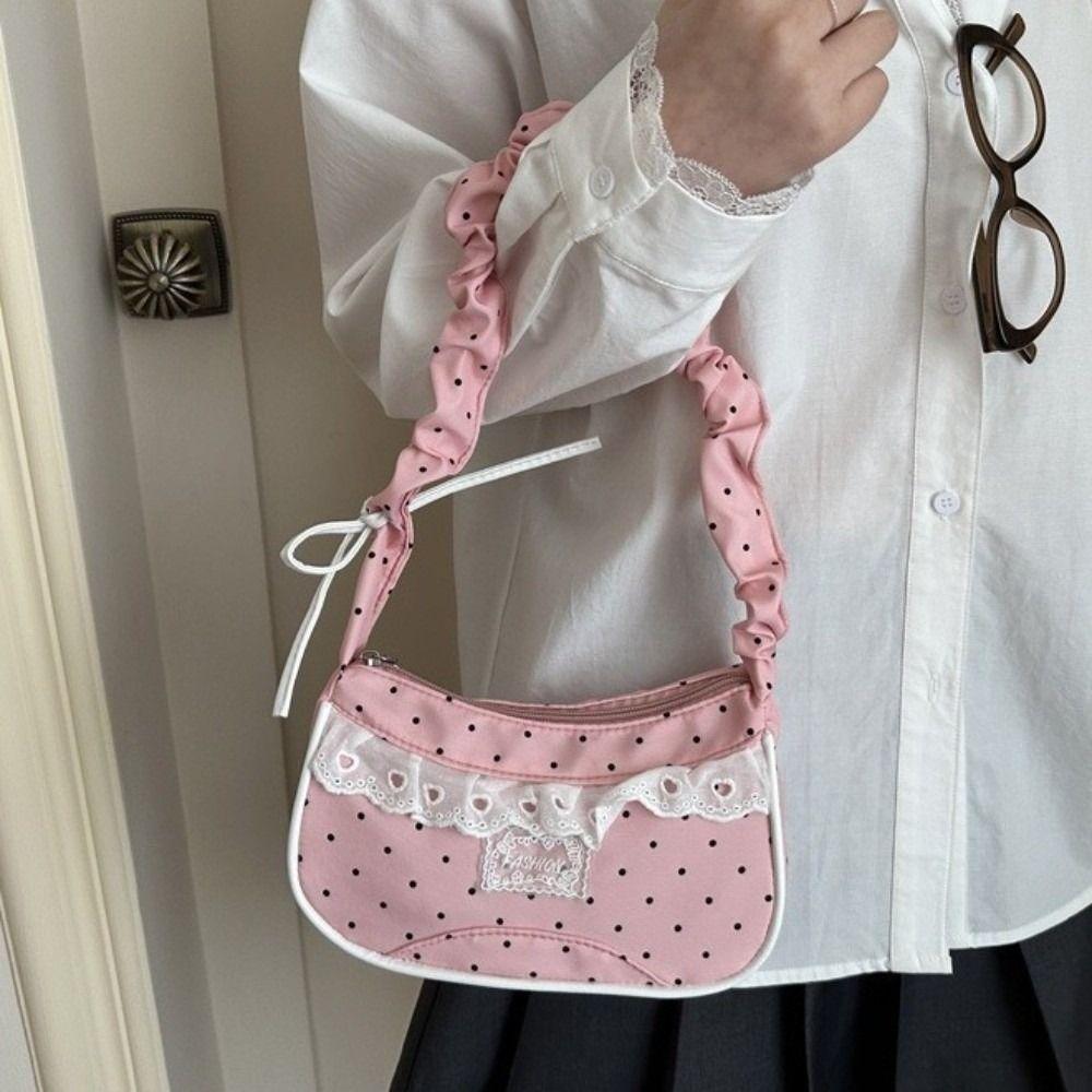 Lace Polka Dot Shoulder Bag Drawstring French Stick Handbag Cute Pleated Underarm Bag  Daily