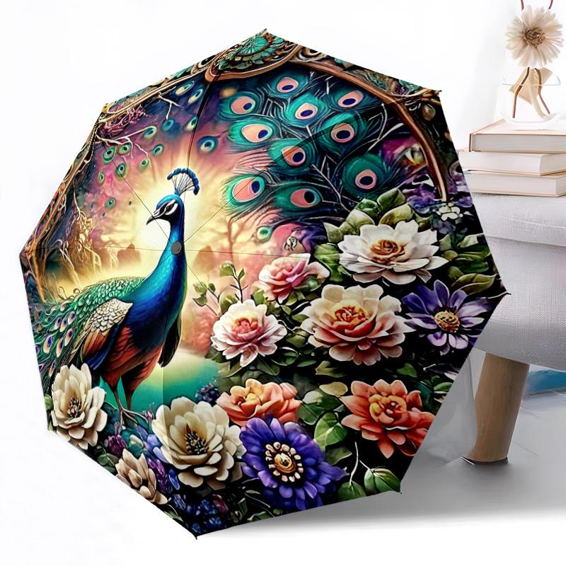 Peacock and Floral Fantasy Outdoor Automatic Umbrella Retractable Design with 8-Rib Durability Lightweight Perfect Gift for Friends Family