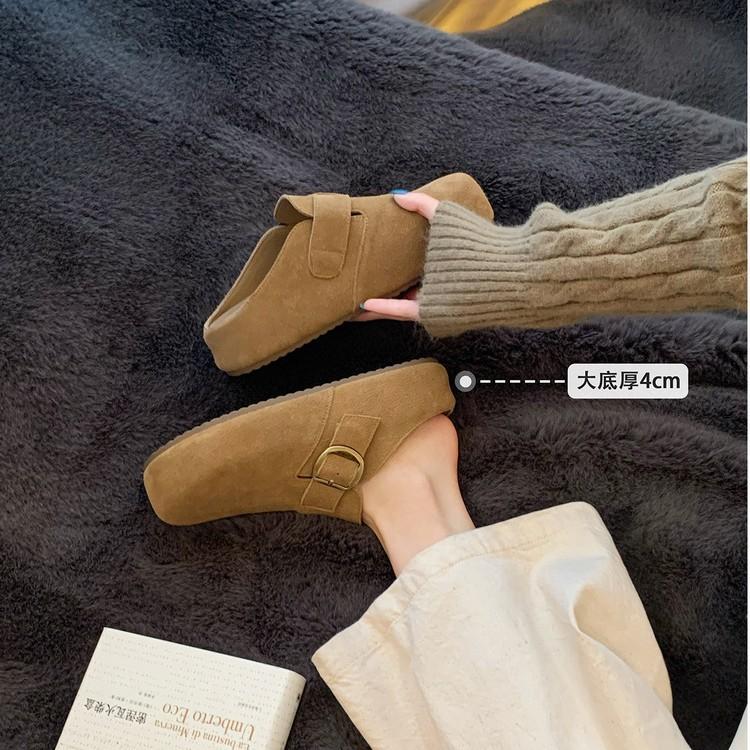 Height increase 4cm~ 2025 autumn and winter thick-bottomed retro cow anti-velvet small gold buckle bag head lazy velvet Birken half slippers