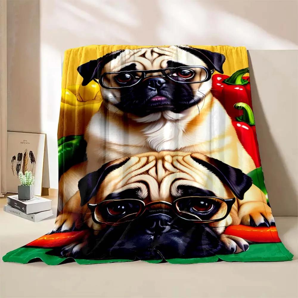 Cute Pet Dog Pug Print Throw Blanket Soft Cozy Flannel Blanket Lightweight Warm Bed Blanket for Couch Sofa Camping Office Travel