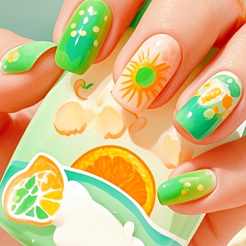 

Summer Vitality Sweet Green Fruit Sun Nail Art Stickers - Cute Square Fake Nails
