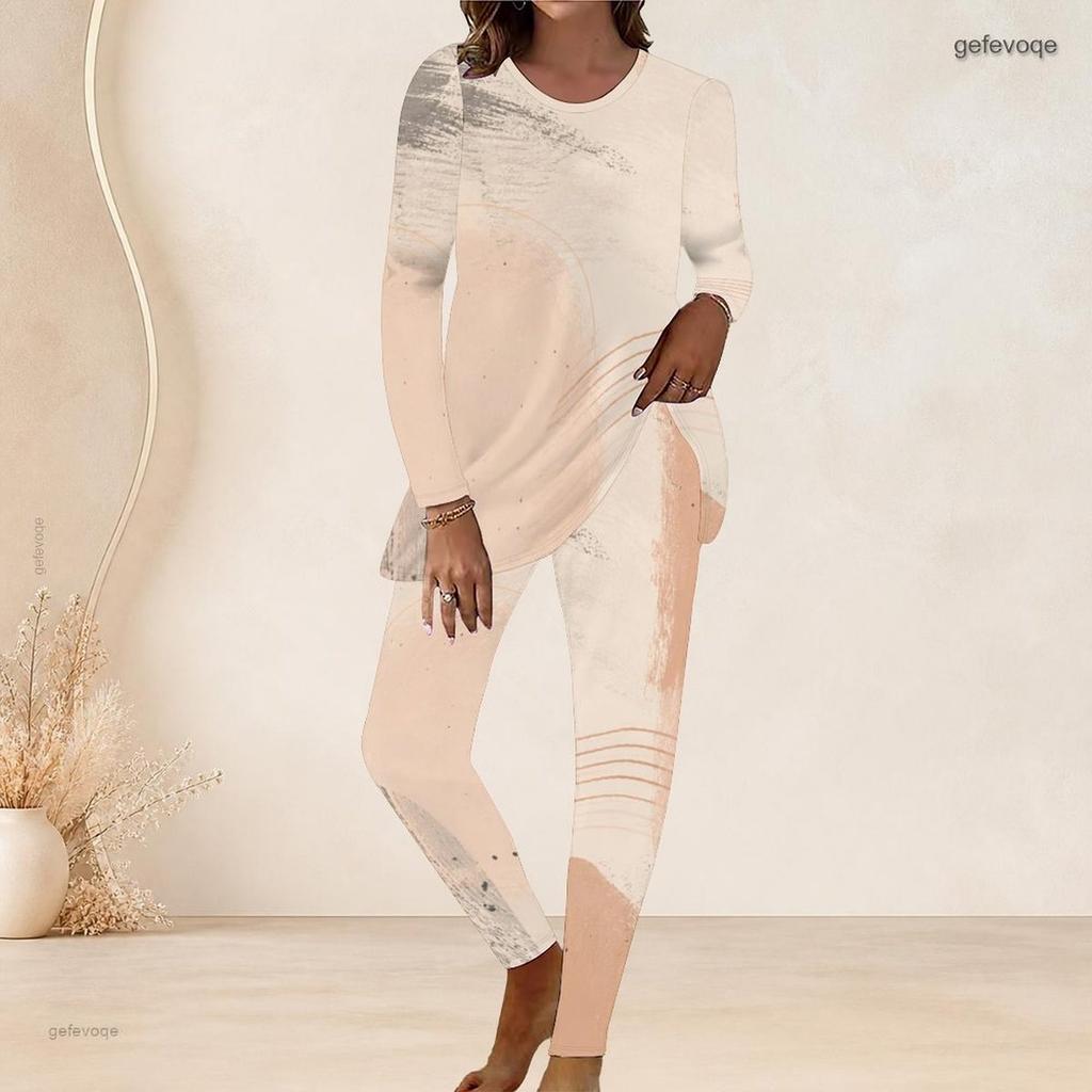 Women Plus Size Round Neck Long Sleeve Printed Longline Top Fitted Pants Two Piece Set White Blue Green