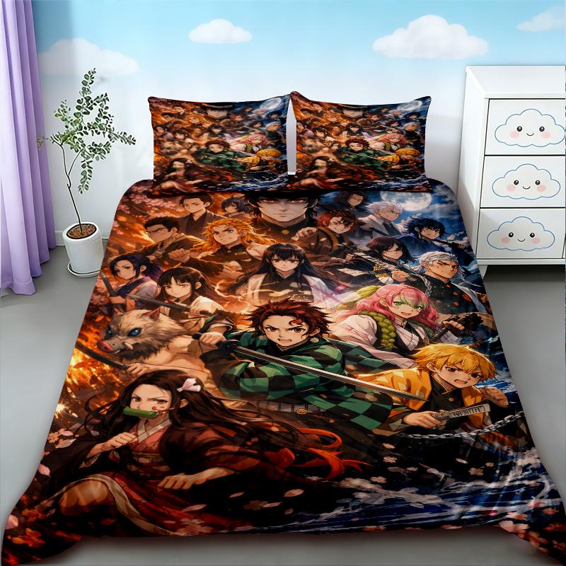 Copripiumino Demon Slayer Kimetsu No Yaiba Kamado Nezuko Anime Set Biancheria da Letto in Poliestere Set Copripiumino Stampato Cartone Animato Decorazione per la Casa