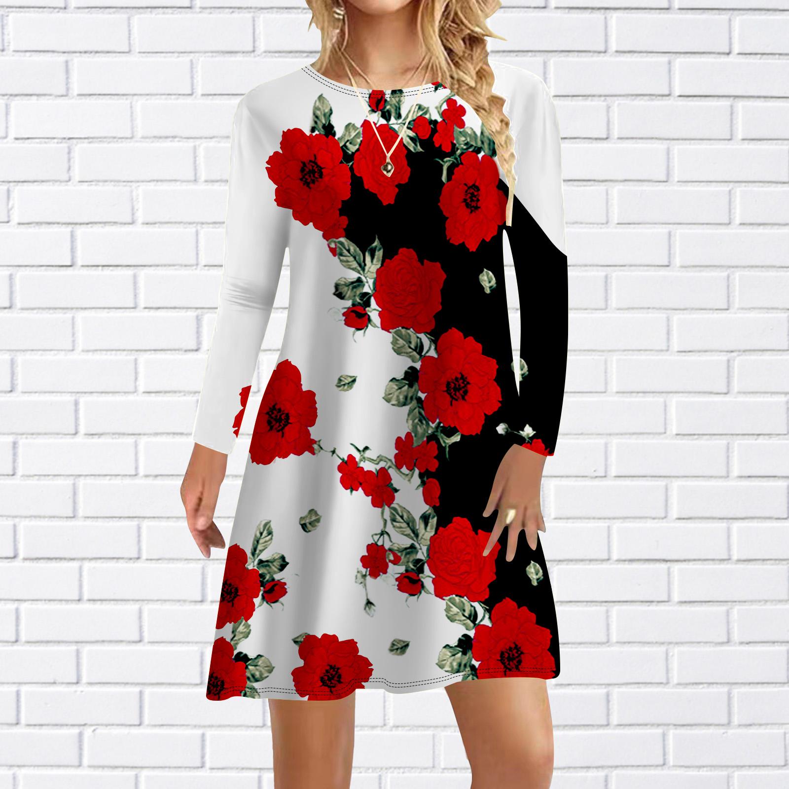 

Женское повседневное платье, осеннее красное платье с принтом пиона для женщин, платье с коротким рукавом и круглым вырезом, большие размеры L красный