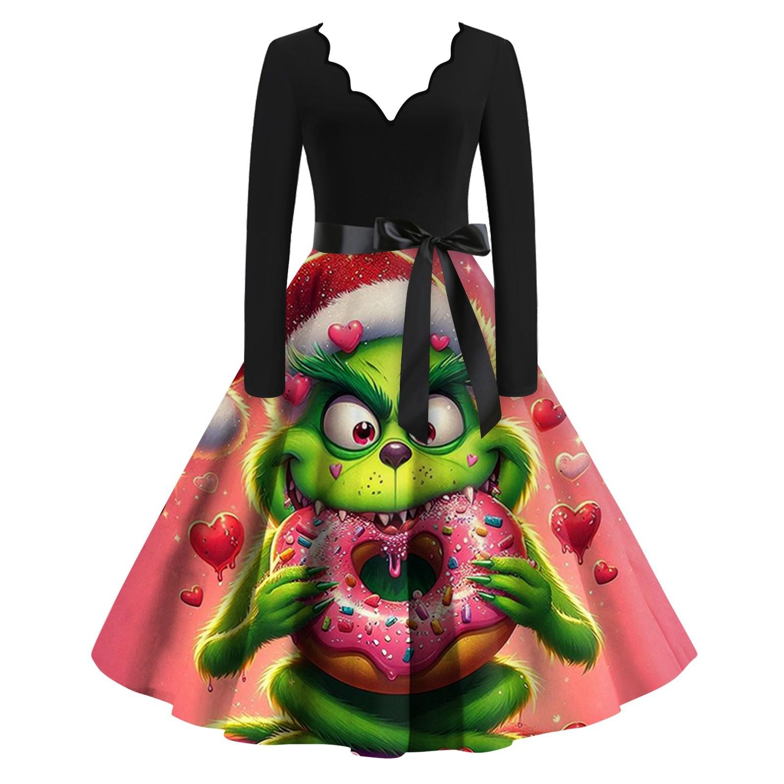 

Женское облегающее платье свободного кроя с рождественским принтом, контрастной строчкой, V-образным вырезом и длинными рукавами XXXL