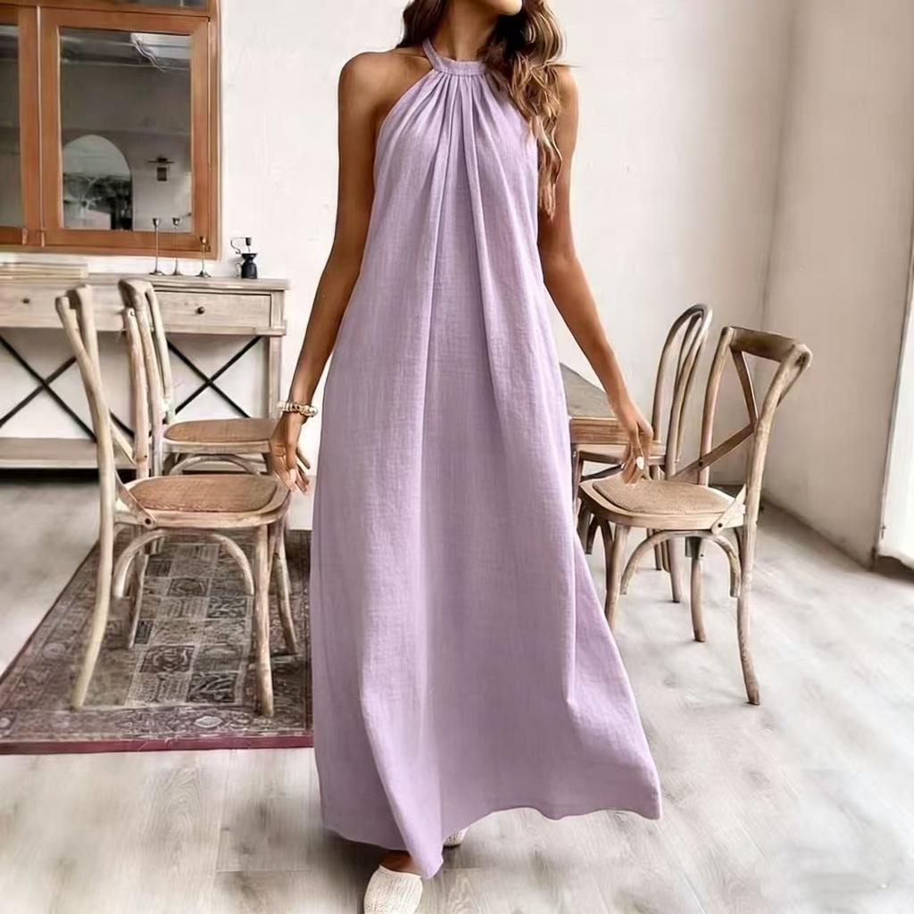 European and American summer new solid color loose fashion neck dress vacation dress
