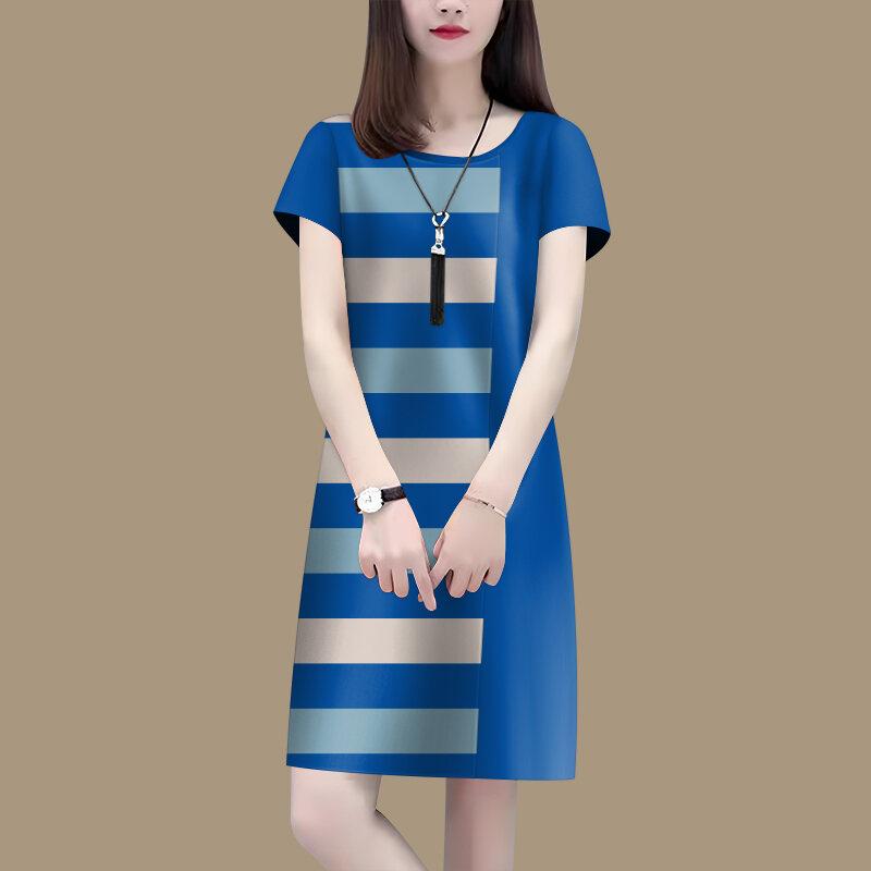 2025 Summer Loose Fit Ladies Round Neck Short-sleeved Dress Korean Style Striped Printing Fashion A-line Mid-length Dress