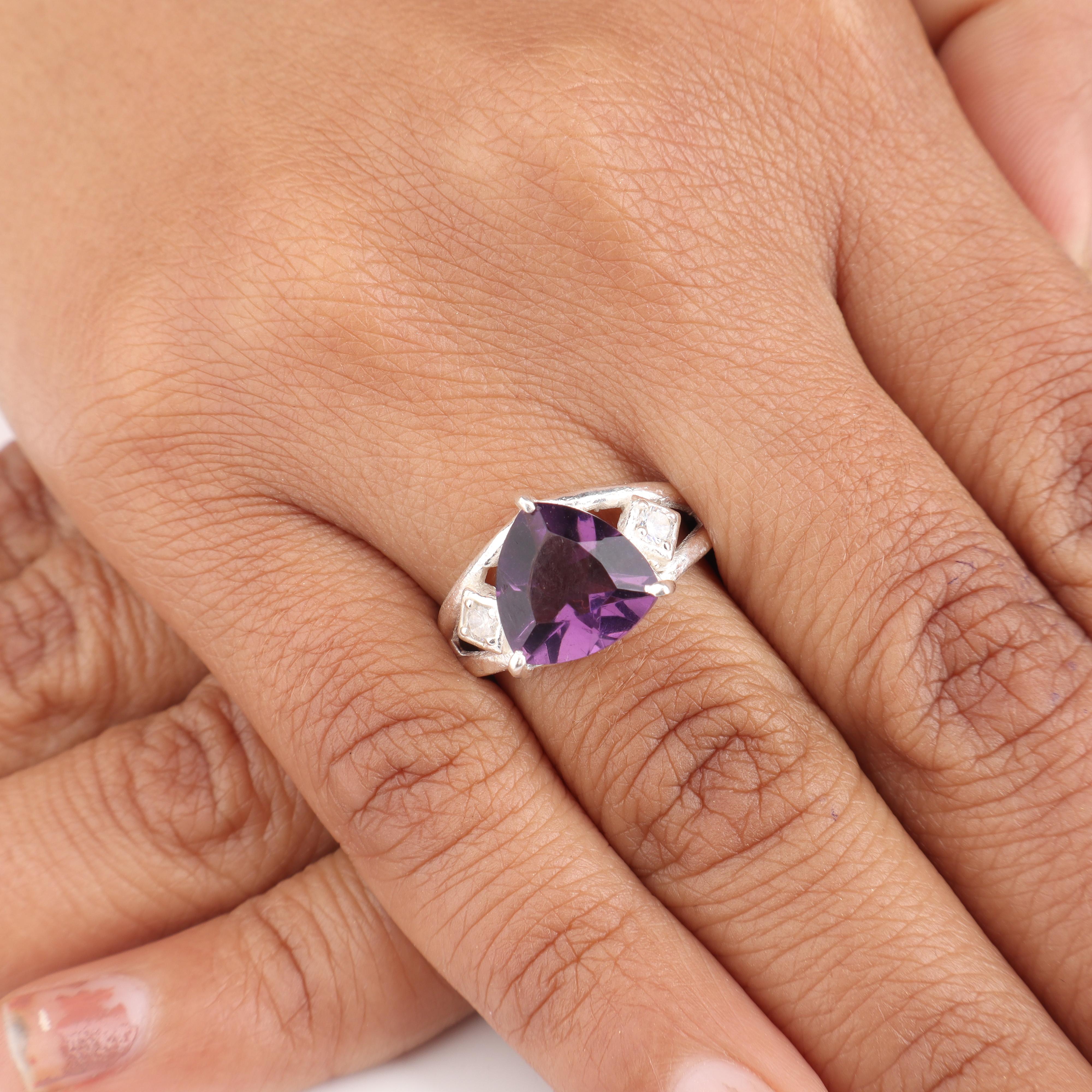 10MM Triangle-Cut Natural Amethyst 925 Sterling Silver Ring, Women Wedding Jewelry For Bride CZR-17-16 4