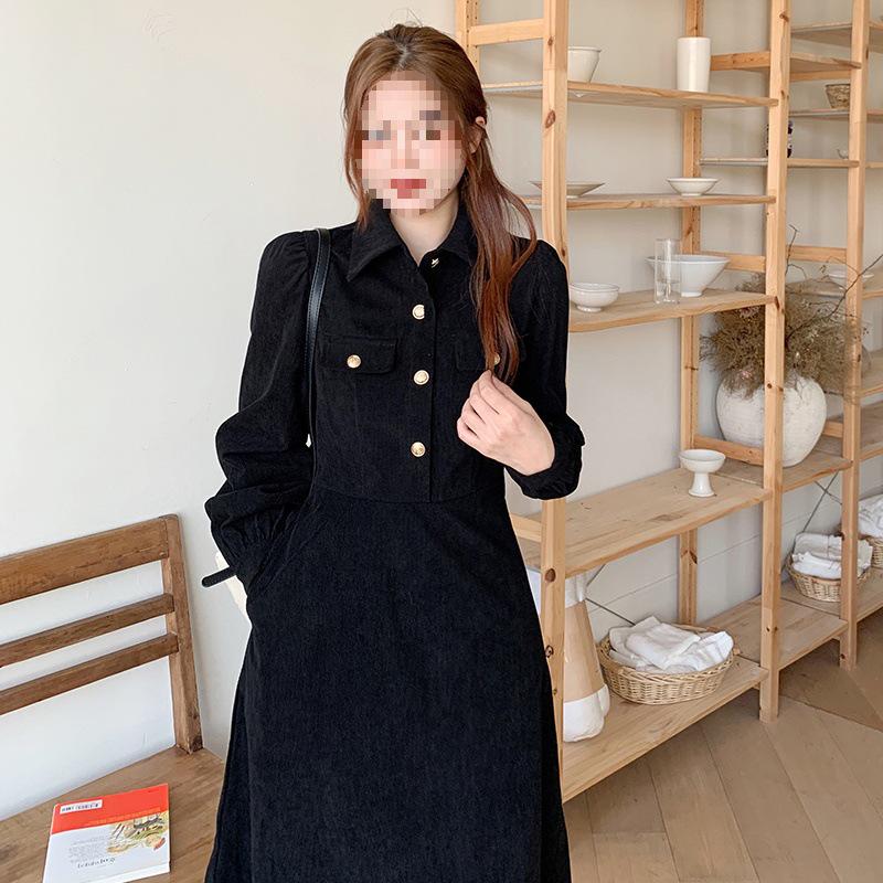 Thickened 300g Corduroy Hepburn-Style Long-Sleeve Dress | Large Autumn/Winter Coffee Break