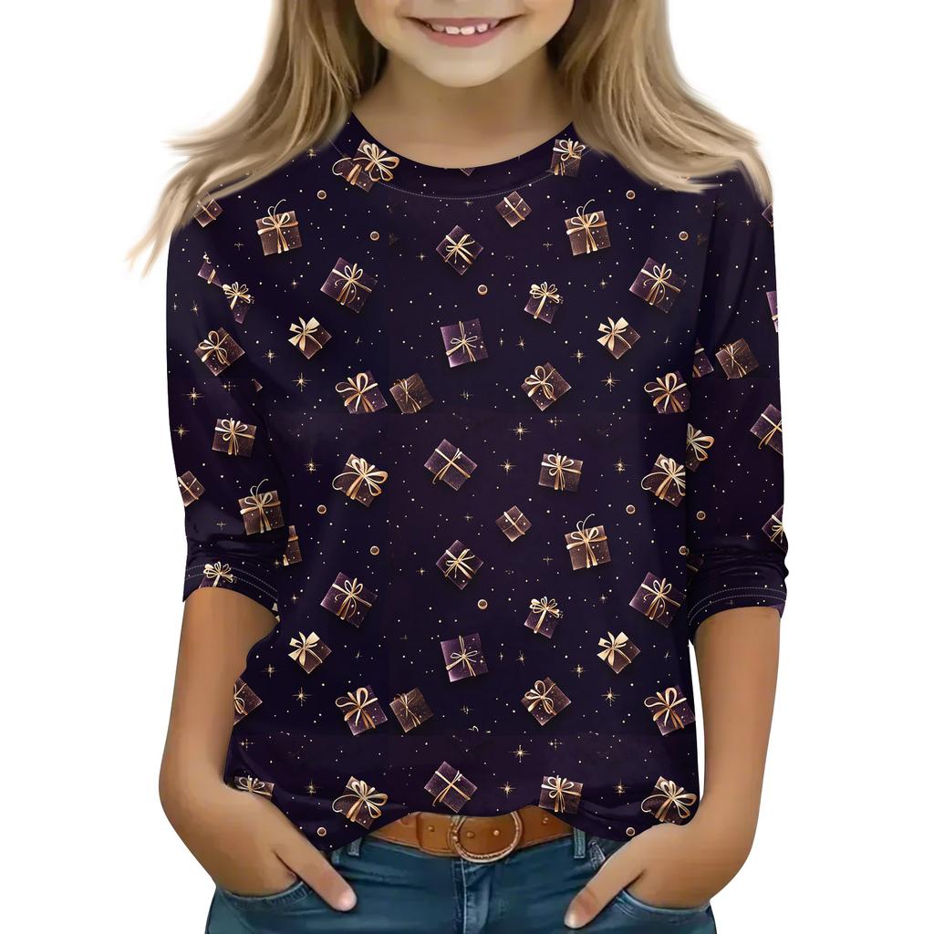 Christmas Day Print Tops For Youth Girls 5-16 Years Round Neck 3/4 Sleeves T-Shirts Trendy Tops Outfit Tees