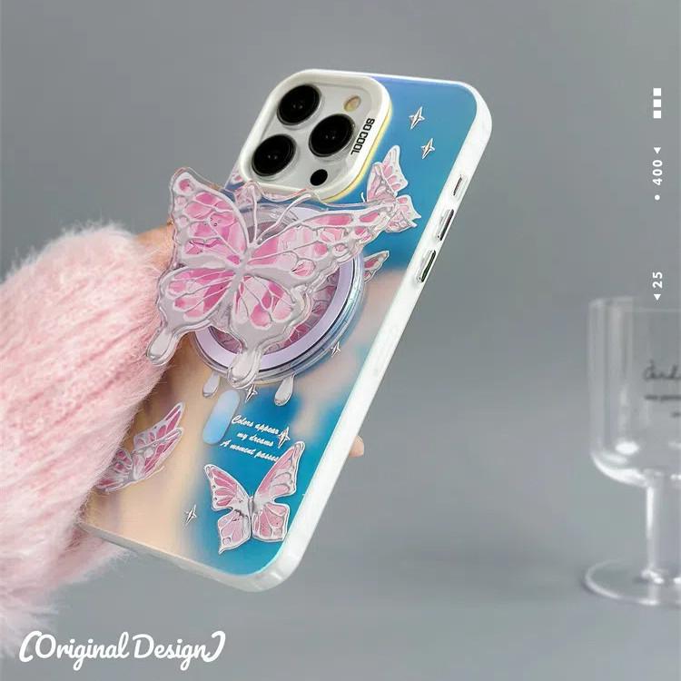Magnetic Bracket Frosted Phone Case Compatible and Suitable for iPhone15 14 13 12 11promax Xsmax Xr 7 8plus Elegant Pink Butterfly