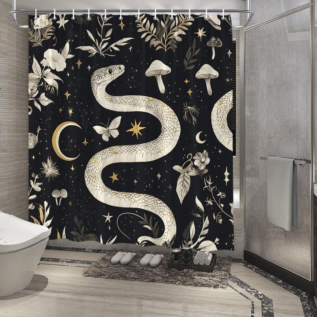 1Pc Serpentine Snake & Botanicals Digital Art Shower Curtain, Fantasy Style With Golden Patterns, Black Background, Polyester