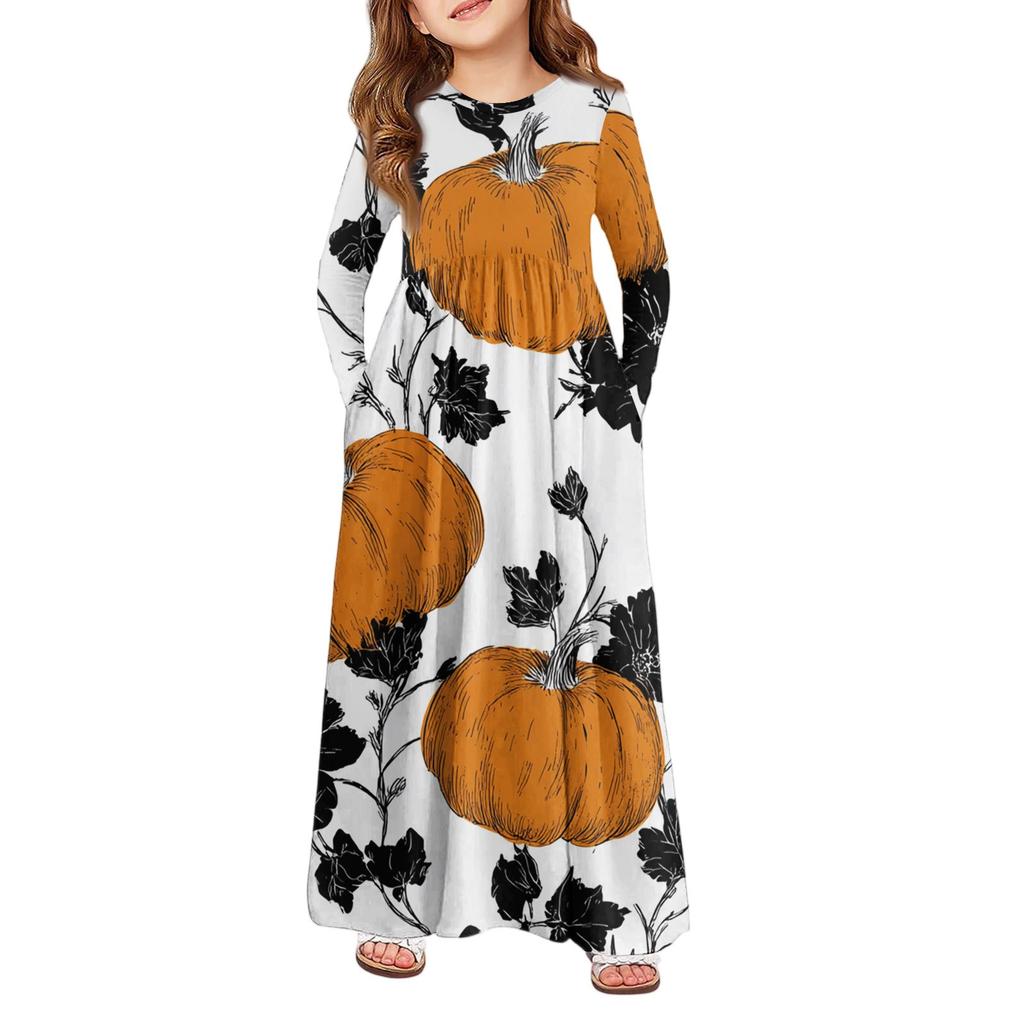 Girls' Maxi Dress Halloween Day- Long Sleeve Pocket Dress