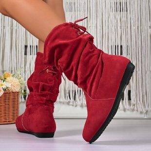 Ein-Schritt-Damen-Nude-Stiefel Modisch Und Lässig Stapelabsatz Elastisch Flach Niedrigschaft Damenstiefel Plissiert Einfarbig Runde Spitze