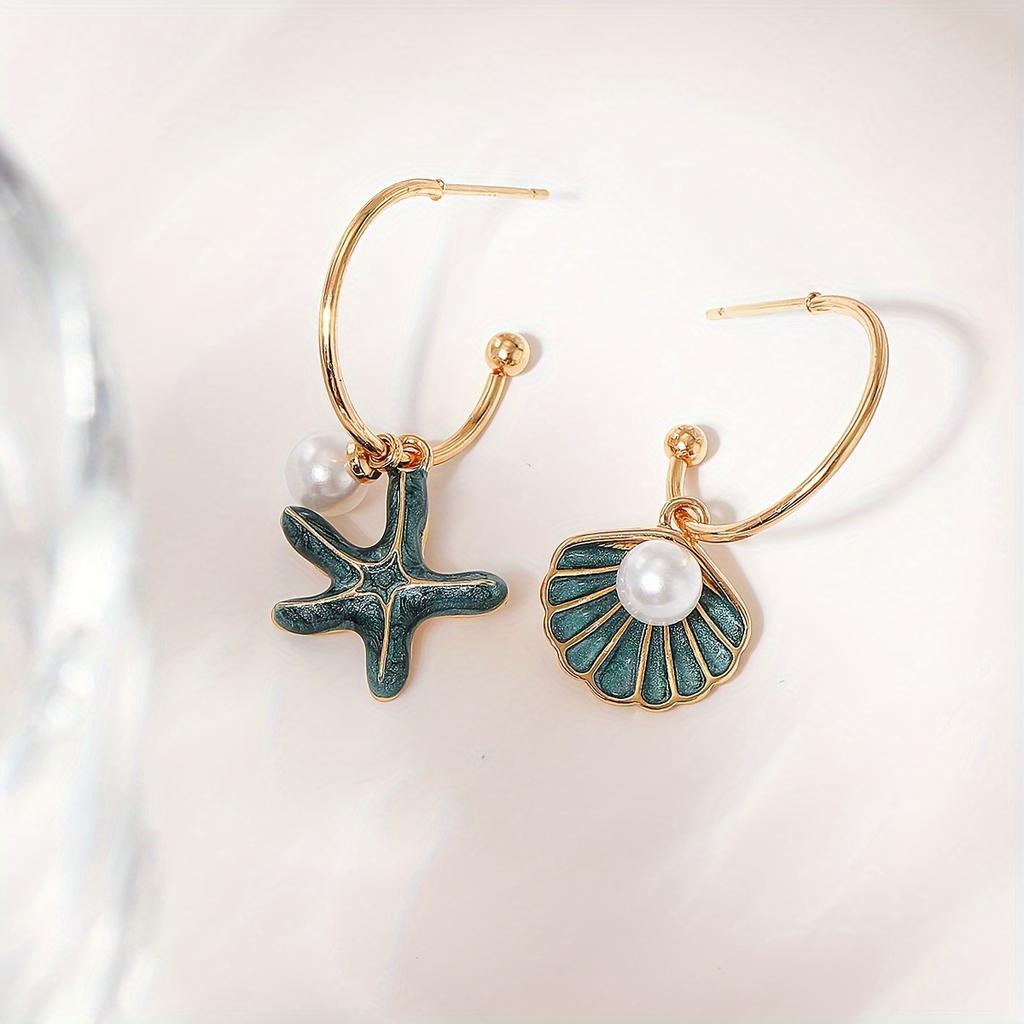 Shell Starfish Pendant Earrings for Women, Vintage Imitation Pearl Dangle Jewelry Daily Valentine Gift