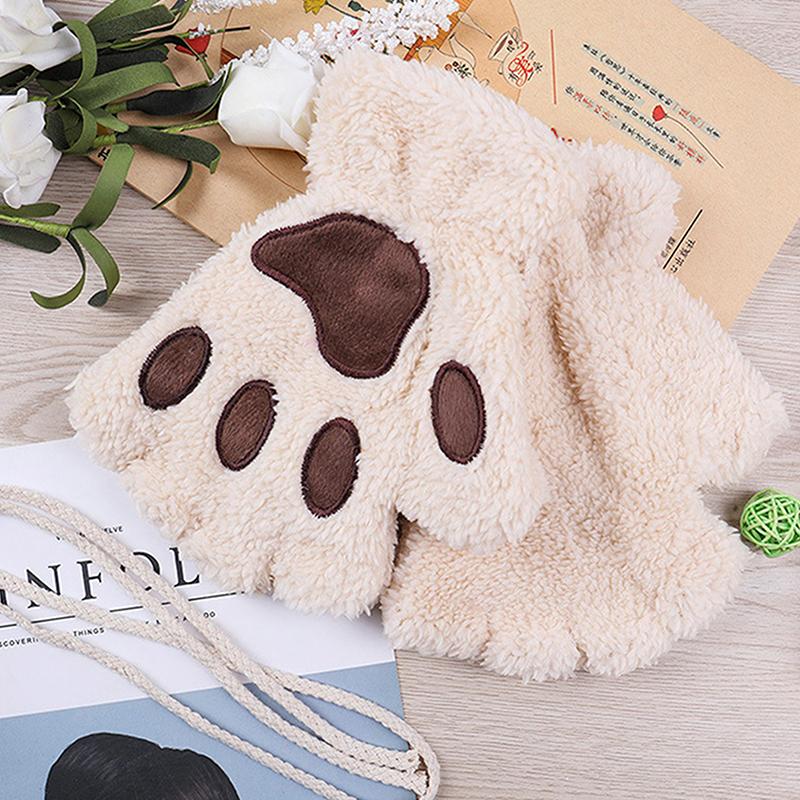 Cartoon Cute Cat Claw Gloves Women Plush Mittens Warm Soft Plush Short Fingerless Fluffy Gloves Winter Half Finger Gloves