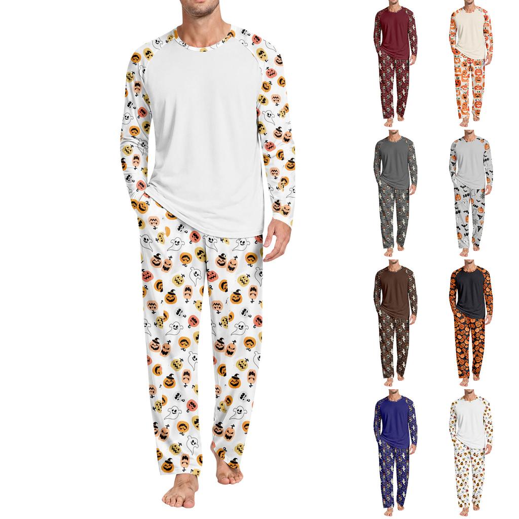 Men's Halloween Pajama Set Long Sleeve Round Neck Top and Pants Casual Comfortable Sleepwear