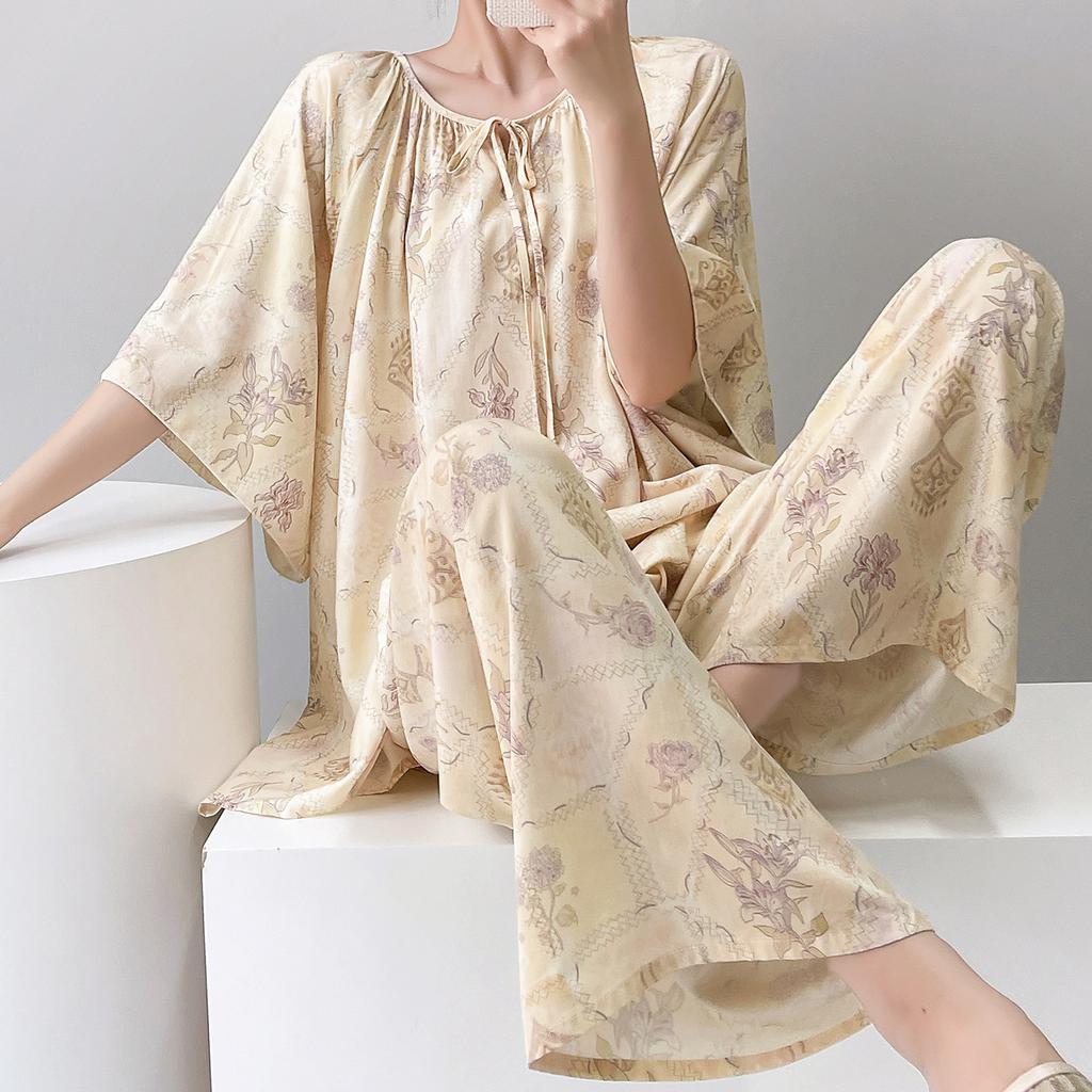 1011 new short-sleeved cotton and silk pajamas for women's summer thin printing loose and relaxed loungewear suit