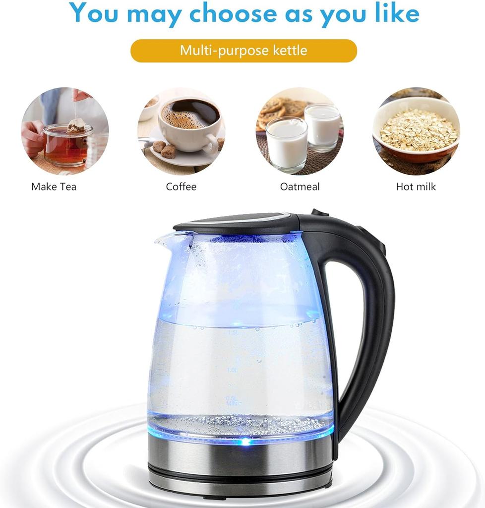 1500W Speed Boil Water Electric Kettle 220V Coffee & Tea Kettle Borosilicate Hot Water Kettle Auto Shut-Off 1.2L 2L