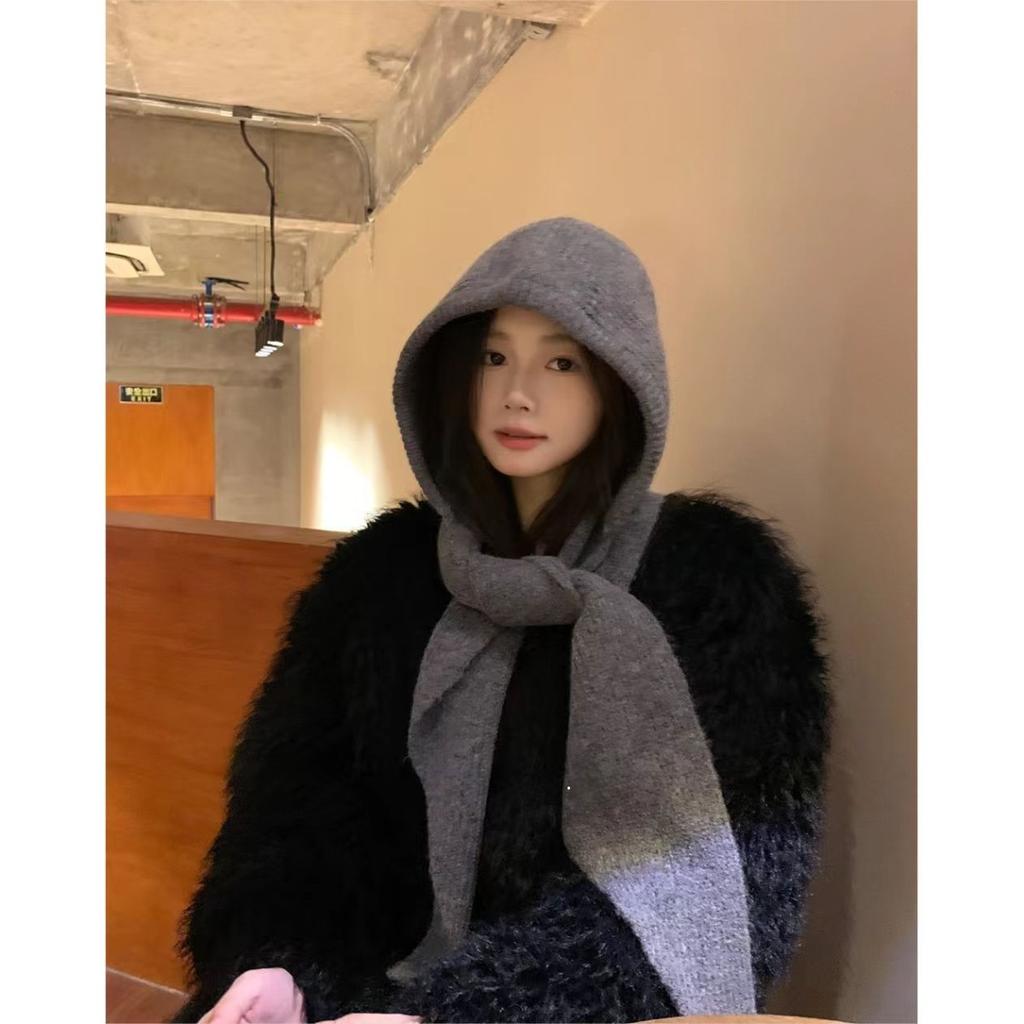 Red Hat Women's Autumn/Winter Warm Knitted Hat Scarf One Piece Hooded Neck Knitted Hat Winter
