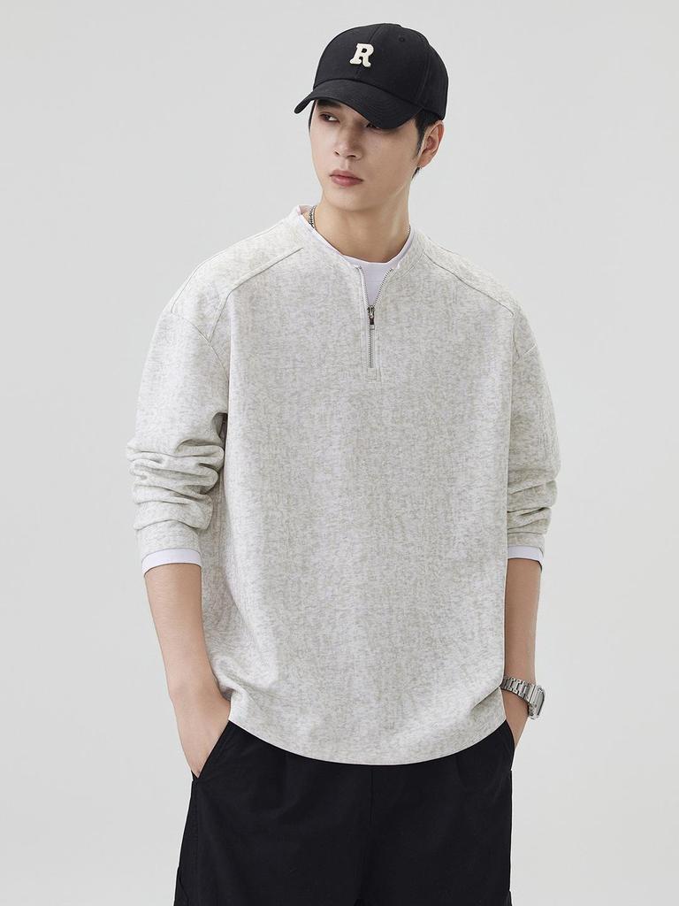 2025 Autumn/Winter Men's Trendy Heavyweight Round Neck Hoodie Pullover, Zippered Fake Two-Piece Long Sleeve Shirt