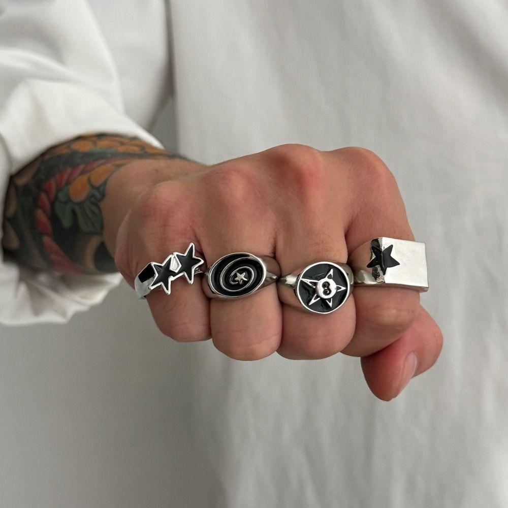 4pcs Irregular Design Stainless Steel Rings Bold Design Hiphop Star Rings  Grunge Jewelry